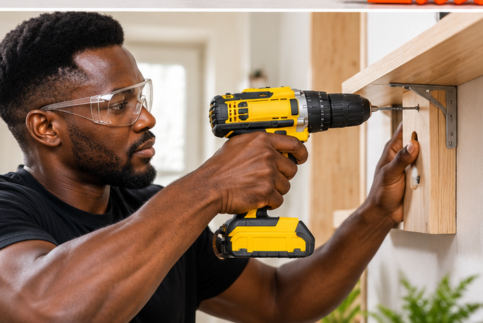 Perceuse-visseuse utilisée pour fixer une étagère en bois à la maison