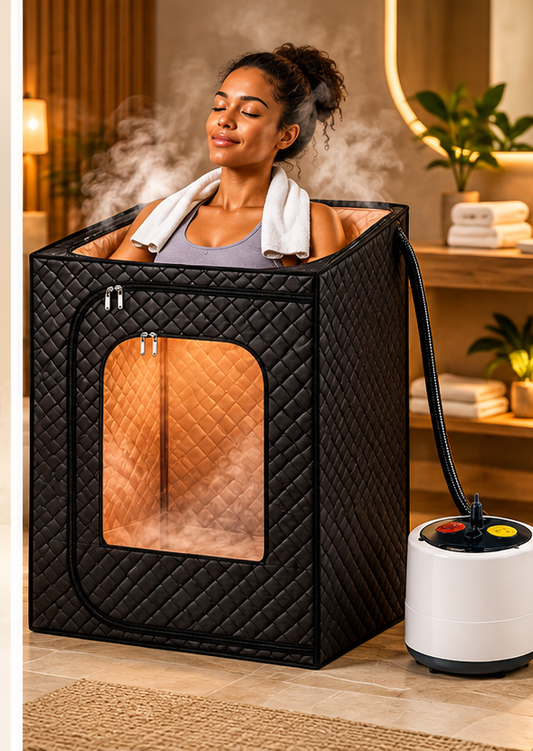 Illustration lifestyle d’une utilisation de la tente de sauna portable dans une ambiance spa