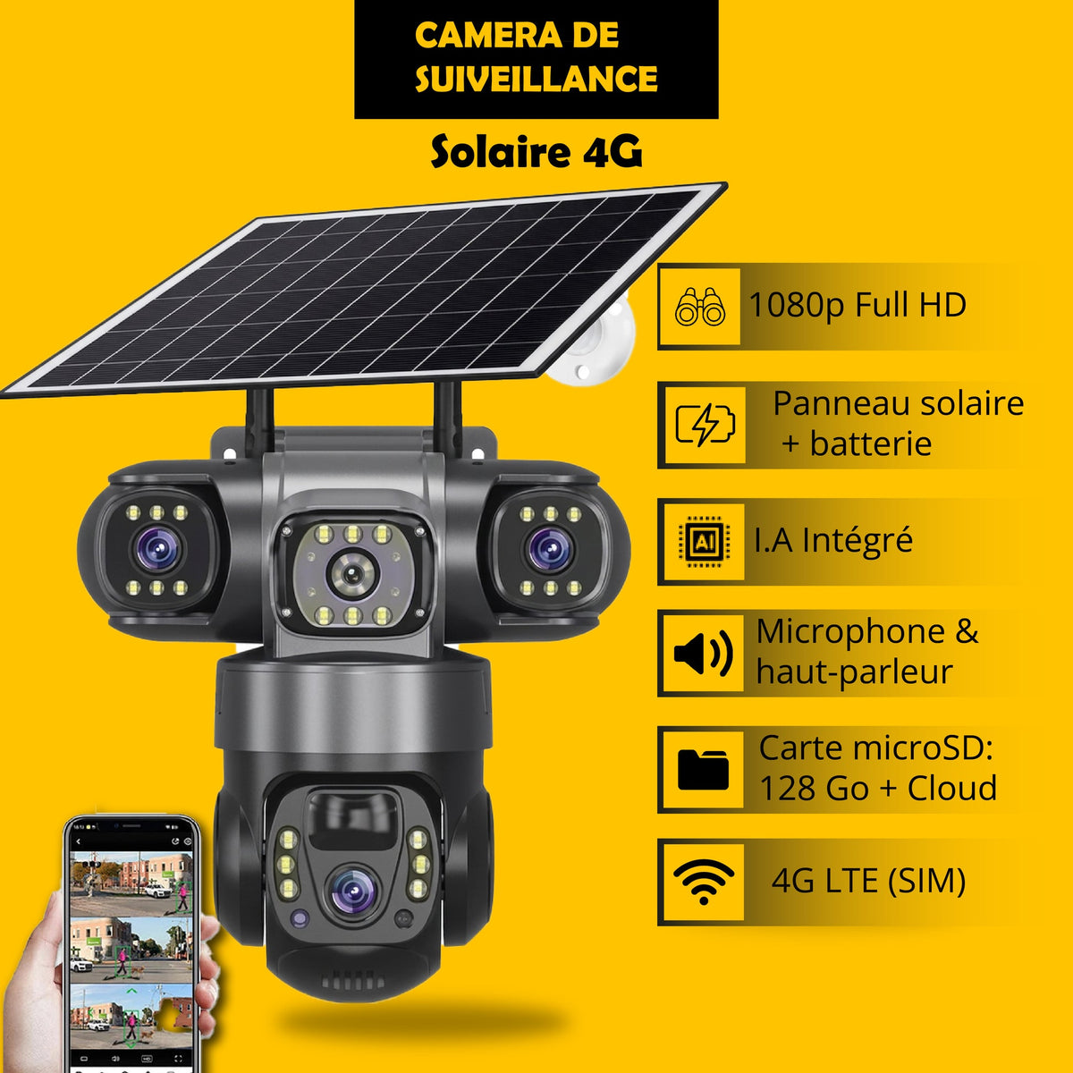 Caméra de Surveillance Solaire 4G Intelligente : à 03 objectifs