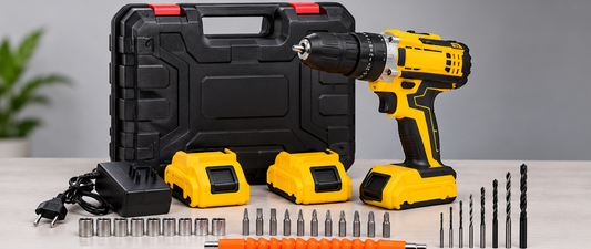 Kit complet perceuse-visseuse sans fil jaune et noire avec deux batteries, chargeur, mallette et embouts