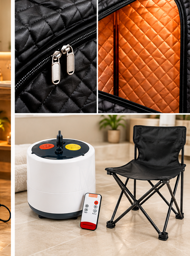 Détails du générateur de vapeur, de la commande et de la chaise pliante du kit sauna
